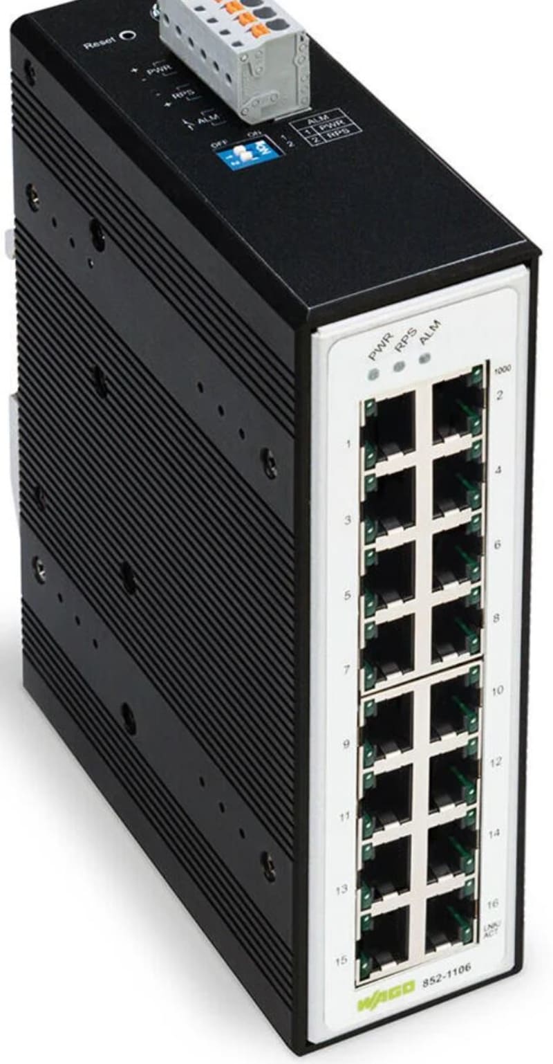 Industrial-Switch; 16 Ports 1000BASE-T; Extended temperature range; black metallic (852-1106)