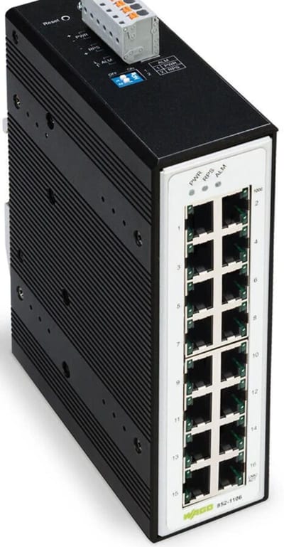 Industrial-Switch; 16 Ports 1000BASE-T; Extended temperature range; black metallic