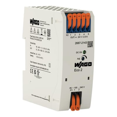 WAGO 2687-2143 Power Supply Eco 2 1-Phase 24 VDC 2.5 A DC-OK LED