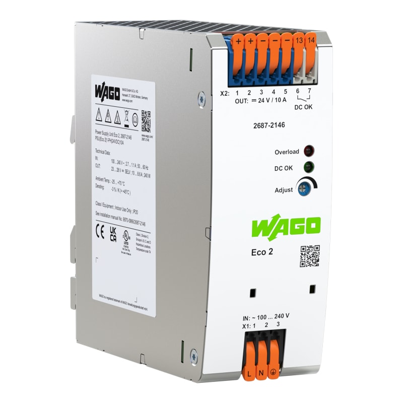 WAGO Eco 2 Single-Phase Power Supply 24 VDC 10 A with DC-OK Contact (2687-2146)
