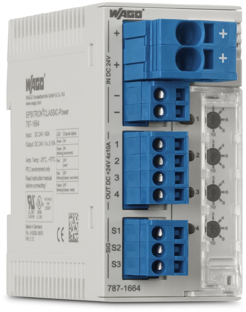 Electronic circuit breaker, 4-Channel, 24 VDC input voltage, adjustable 2 … 10 A, 10,00 mm² (787-1664)