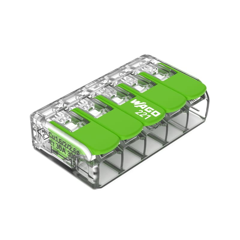 Splicing connector with levers, for all conductor types, max. 6 mm², 5-Conductor (221-625)