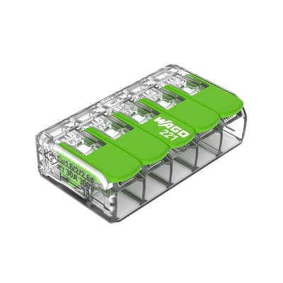 Splicing connector with levers, for all conductor types, max. 6 mm², 5-Conductor (221-625)