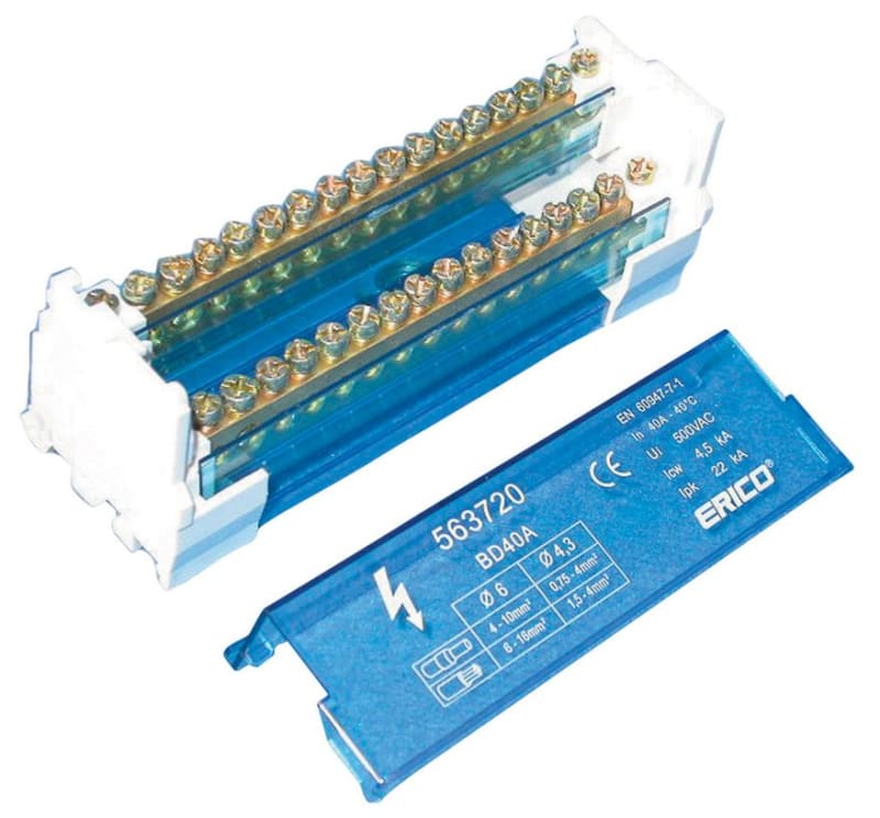 nVent ERIFLEX BD40A Two Pole Distribution Block, 40 A, 2 Line Side & 15 Load Side Connections