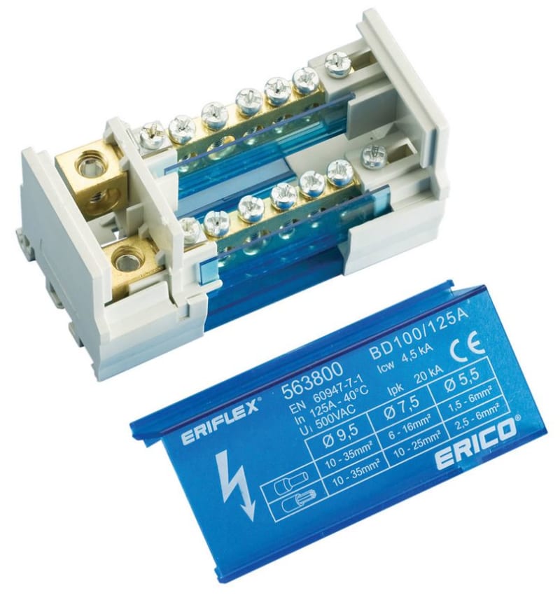 nVent ERIFLEX BD100125AL Two Pole Distribution Block, 100/125 A, 1 Line Side & 14 Load Side Connections