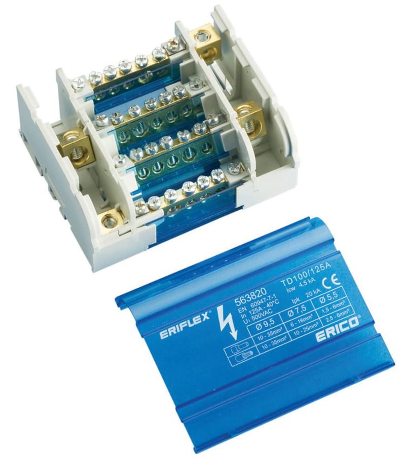 nVent ERIFLEX TD100125AL Four Pole Distribution Block, 100/125 A, 1 Line Side & 10 Load Side Connections