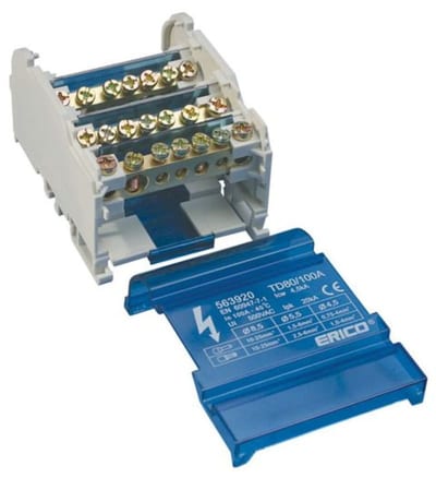 nVent ERIFLEX TD80100AL Four Pole Distribution Block, 80/100 A, 2 Line Side & 9 Load Side Connections