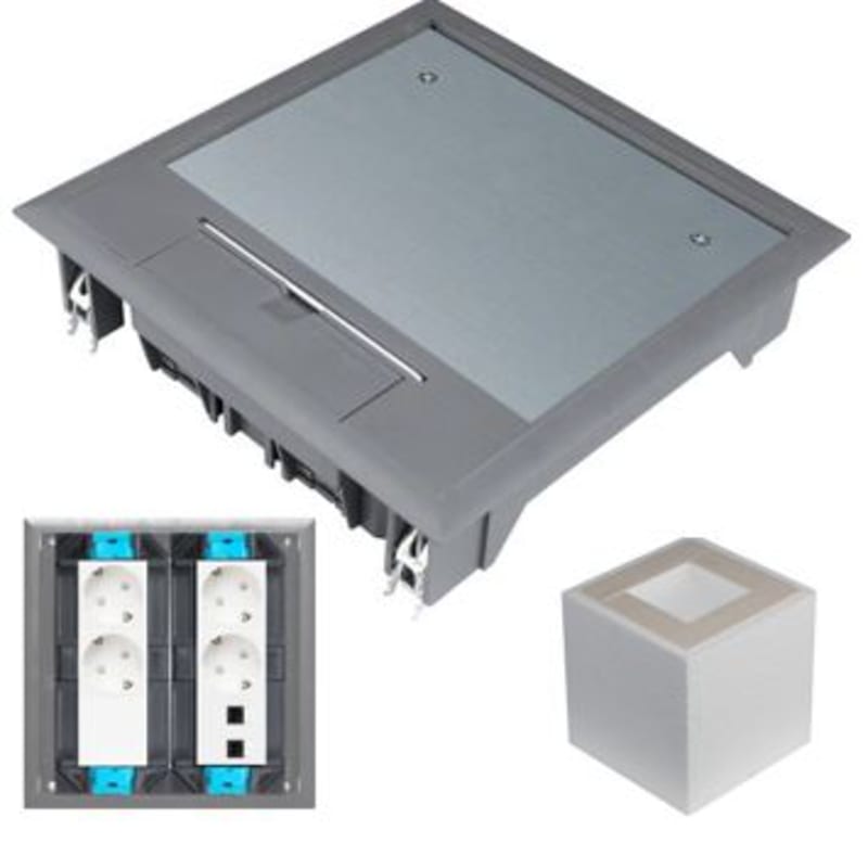 Hager VQ06057011SET Floor Box, 4 x Socket + 2 x Data Cat 6A FTP