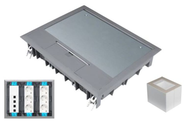 Hager VE09057011SET Floor Box Complete with 6 Sockets and 4 Cat 6A FTP Data Outlets