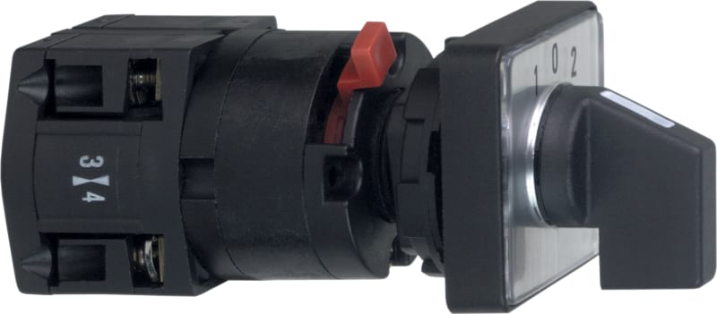 Schneider Electric Cam changeover switch, Harmony K, 16mm or 22mm, plastic, 1 pole,spring return to 0 postion, 30 degree, 10A, 30X30MM, marked 1/0/2 K10B006TCH