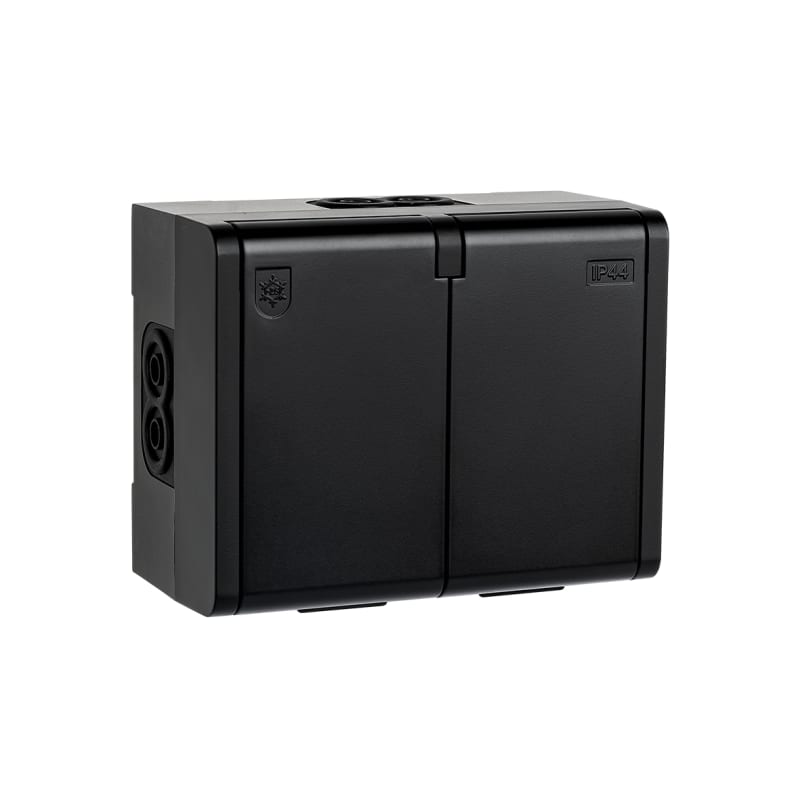 PV IP44 Double Socket Outlet with Earth, Black (77551)