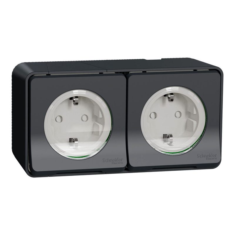 Schneider Electric Double socket-outlet, Mureva Styl, 2P + E with shutters, side earth, 16A, 250V, surface, anthracite MUR36029