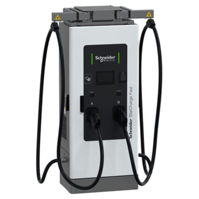 Schneider Electric Fast charging station, Schneider StarCharge Fast 60, 60kW, 2XCCS2, 3.6M cable range, cable management, payment terminal EVD2S60TBBCC