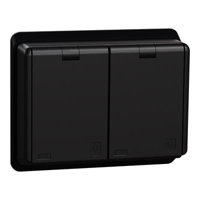 Double Socket Outlet IP44 with Earth, Recessed, RS Black