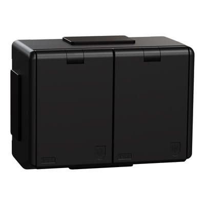 Double Socket Outlet IP44 with Earth, Surface, RS Black