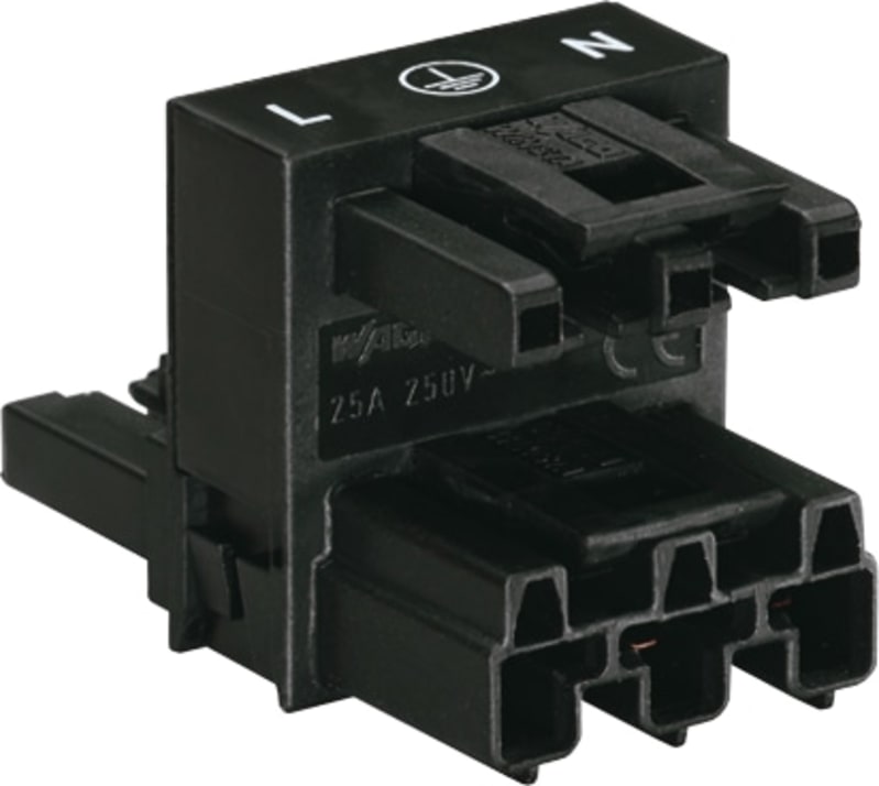 h-distribution connector; 3-Pole; Cod. A; 1 input; 2 outputs; 2 locking levers; black (770-633)