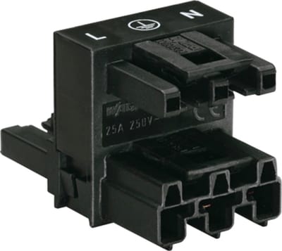 h-distribution connector; 3-Pole; Cod. A; 1 input; 2 outputs; 2 locking levers; black