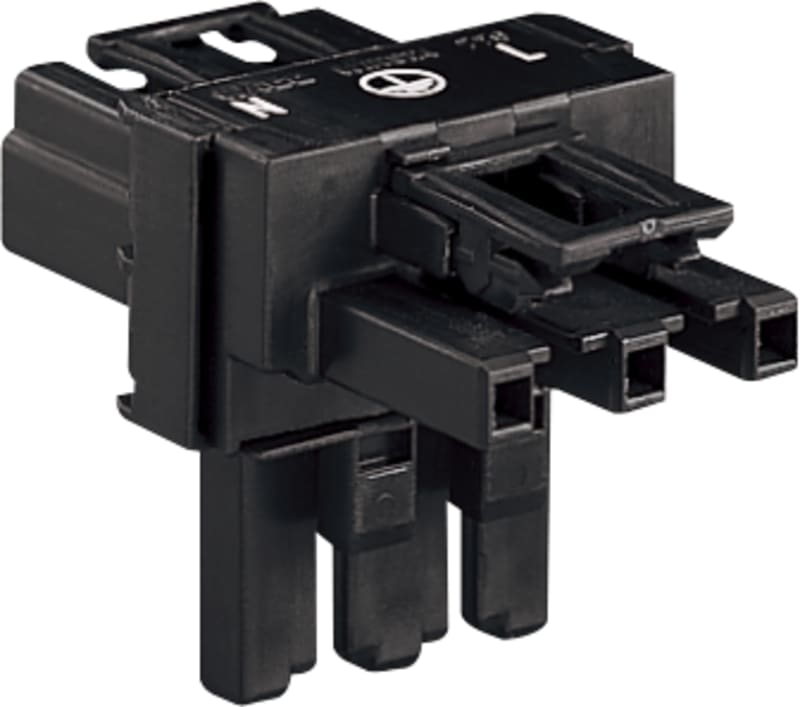 T-distribution connector; 3-Pole; Cod. A; 1 input; 2 outputs; 2 locking levers; black (770-606)