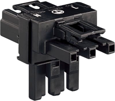 T-distribution connector; 3-Pole; Cod. A; 1 input; 2 outputs; 2 locking levers; black