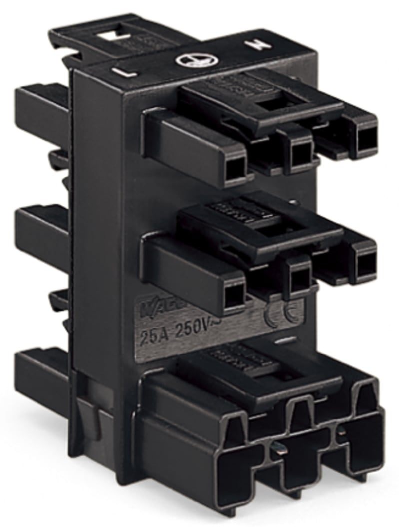 5-Way distribution connector; 3-Pole; Cod. A; 1 input; 5 outputs; outputs on both sides; black (770-608)