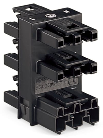 5-Way distribution connector; 3-Pole; Cod. A; 1 input; 5 outputs; outputs on both sides; black