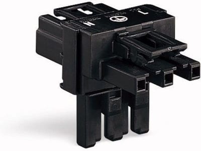 T-distribution connector, 3-Pole, 1 input, 2 outputs, 3 locking levers