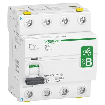 Schneider Electric Residual current circuit breaker (RCCB), ACTI9 iID, 4P, 25A, B-EV (Electric Vehicle) type, 30MA, double terminal A9Z51425