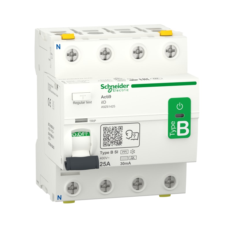 Schneider Electric Residual current circuit breaker (RCCB), ACTI9 iID, 4P, 25A, B-SI type, 30MA, double terminal A9Z61425