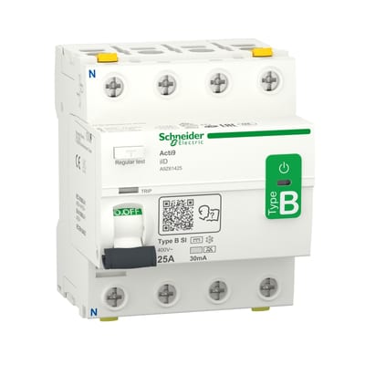 Schneider Electric Residual current circuit breaker (RCCB), ACTI9 iID, 4P, 25A, B-SI type, 30MA, double terminal A9Z61425