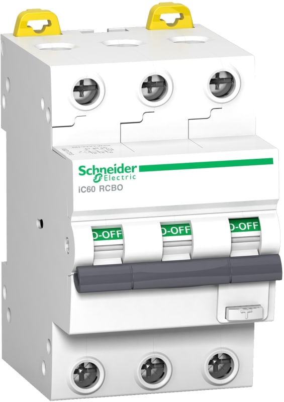 Schneider Electric Residual current breaker with overcurrent protection (RCBO), ACTI9 IC60, 3P, 32A, C curve, 6000A/6KA, A type, 30MA A9D67332