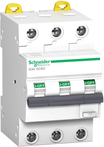Schneider Electric Residual current breaker with overcurrent protection (RCBO), ACTI9 IC60, 3P, 32A, C curve, 6000A/6KA, A type, 30MA A9D67332