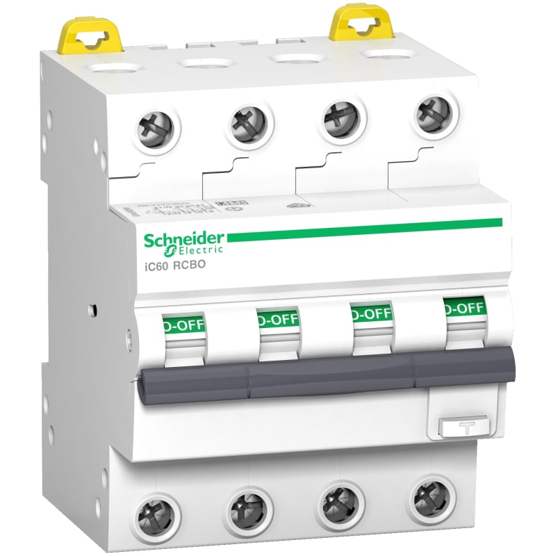 Schneider Electric Residual current breaker with overcurrent protection (RCBO), ACTI9 IC60, 4P, 10A, B curve, 6000A/6KA, A type, 30MA A9D87410