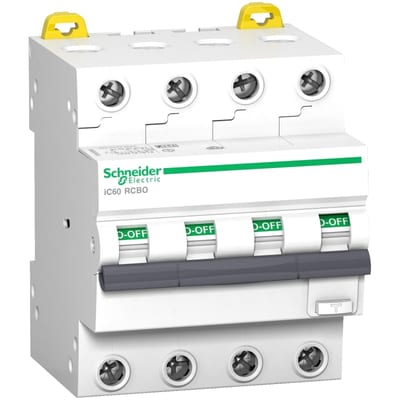 Schneider Electric Residual current breaker with overcurrent protection (RCBO), ACTI9 IC60, 4P, 10A, B curve, 6000A/6KA, A type, 30MA A9D87410