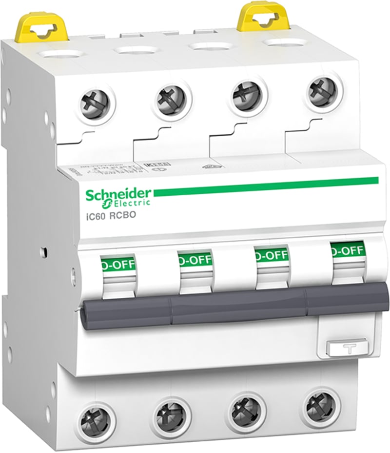 Schneider Electric Residual current breaker with overcurrent protection (RCBO), ACTI9 IC60, 4P, 13A, B curve, 6000A/6KA, A type, 30MA A9D87413