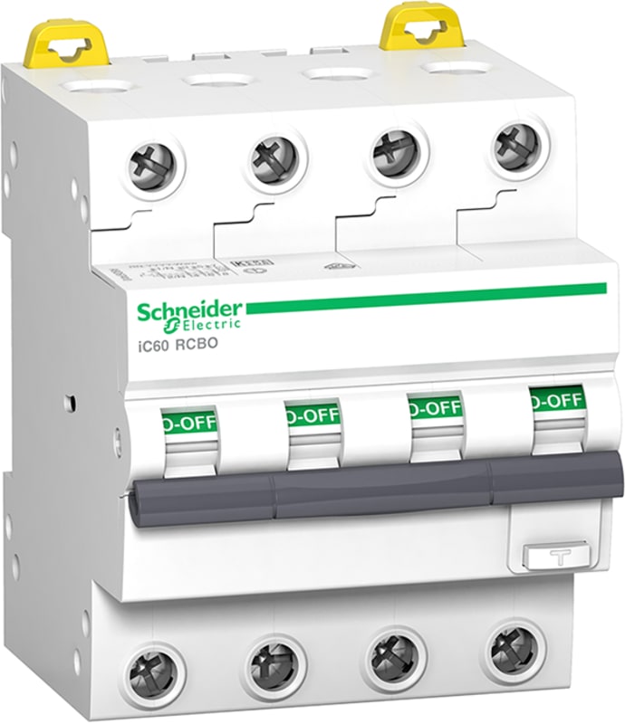 Schneider Electric Residual current breaker with overcurrent protection (RCBO), ACTI9 IC60, 4P, 10A, C curve, 6000A/6KA, A type, 30MA A9D67410