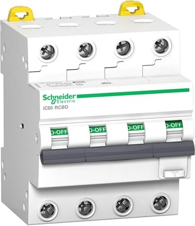 Schneider Electric Residual current breaker with overcurrent protection (RCBO), ACTI9 IC60, 4P, 10A, C curve, 6000A/6KA, A type, 30MA A9D67410