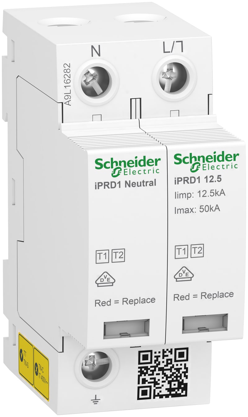 Schneider Electric Modular surge arrester with pluggable cartridge, ACTI9 IPRD1 12.5R, 1 P + N, 350 V, with remote transfert A9L16282