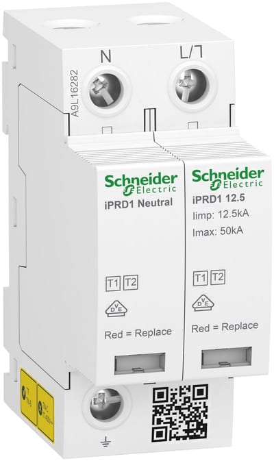 Schneider Electric Modular surge arrester with pluggable cartridge, ACTI9 IPRD1 12.5R, 1 P + N, 350 V, with remote transfert A9L16282