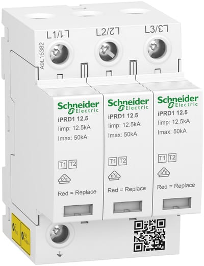 Schneider Electric Modular surge arrester with pluggable cartridge, ACTI9 IPRD1 12.5, 3 P, 350 V, with remote transfert A9L16382