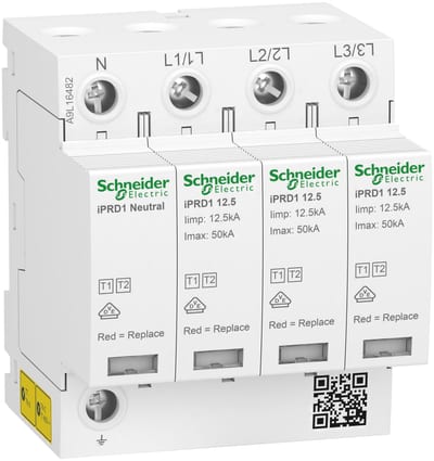 Schneider Electric Modular surge arrester with pluggable cartridge, ACTI9 IPRD1 12.5, 3P+N, 350V, with remote transfert A9L16482