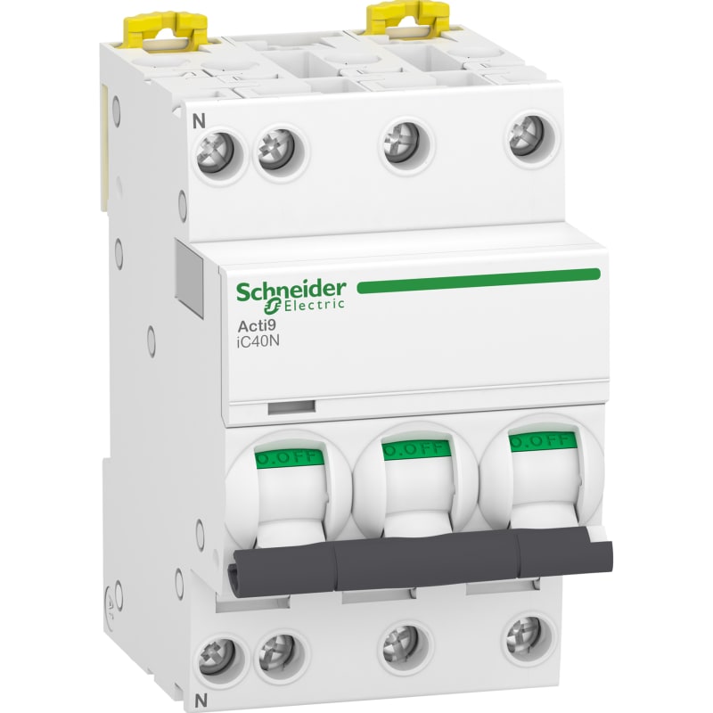 Schneider Electric Miniature circuit breaker (MCB), ACTI9 IC40N, 3P+N, 20A, B curve, 6000A (IEC/EN 60898-1), 10KA (IEC/EN 60947-2) A9P44720