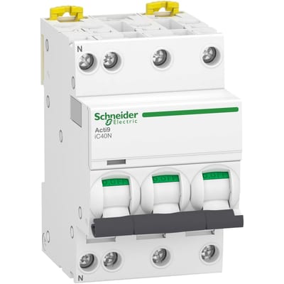 Schneider Electric Miniature circuit breaker (MCB), ACTI9 IC40N, 3P+N, 10A, C curve, 6000A (IEC/EN 60898-1), 10KA (IEC/EN 60947-2) A9P54710