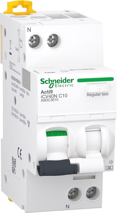 Schneider Electric residual current breaker with overcurrent protection (RCBO), ACTI9 ICV40, 1P+N, 10 A, C Curve, 6000 A, 30 mA, A type A9DC3610