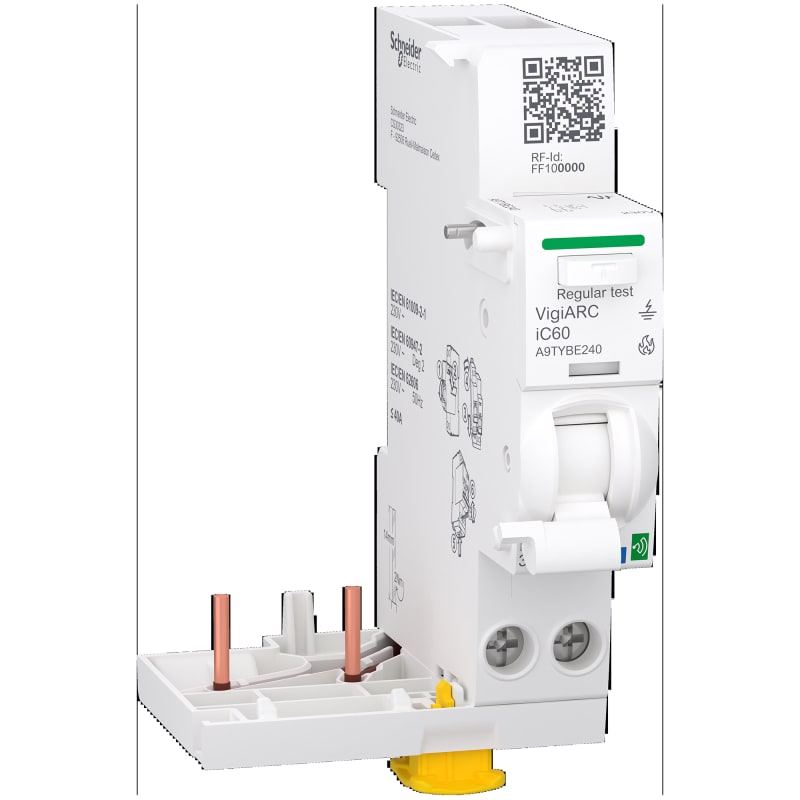 Schneider Electric Active arc fault detection with residual current protection add-on block, ACTI9 Active VigiARC IC60, 2P, 40A, 30MA, type A-SI A9TYBE240