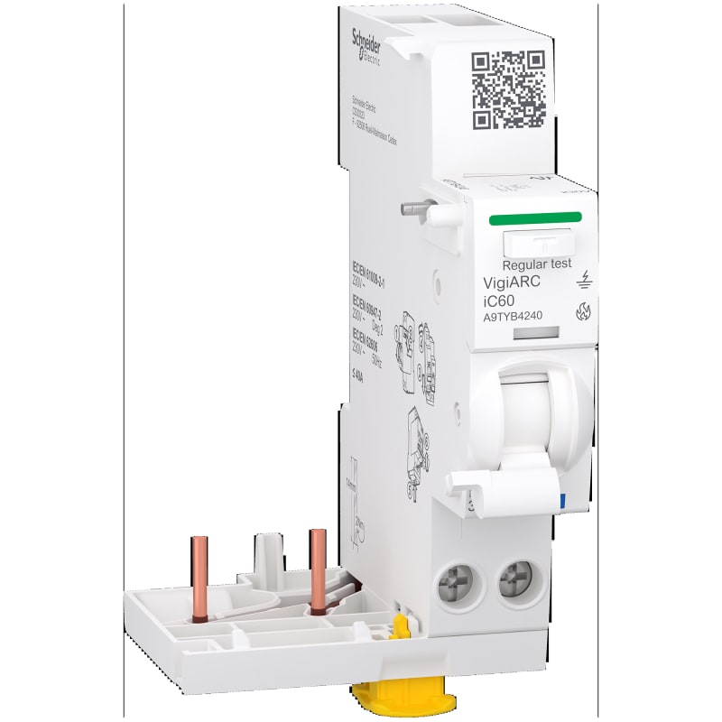 Schneider Electric Arc fault detection with residual current protection add-on block, ACTI9 VigiARC IC60, 2P, 40A, 30MA, type A-SI A9TYB4240