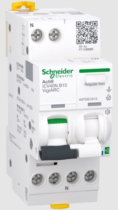 Schneider Electric Active arc fault detection RCBO, ACTI9 Active ICV40N ARC, 1P+N, 10A, B curve, 30MA, type A-SI, 6000A A9TDEC610