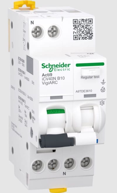 Schneider Electric Arc fault detection RCBO, ACTI9 ICV40N ARC, 1P+N, 10A, B curve, 30MA, type A-SI, 6000A A9TDE3610