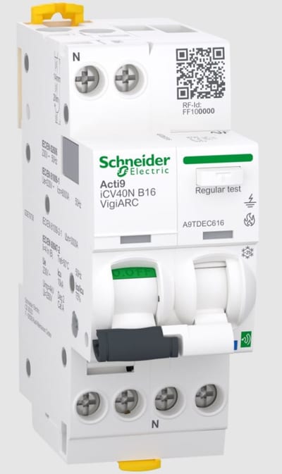 Schneider Electric Active arc fault detection RCBO, ACTI9 Active ICV40N ARC, 1P+N, 16A, B curve, 30MA, type A-SI, 6000A A9TDEC616