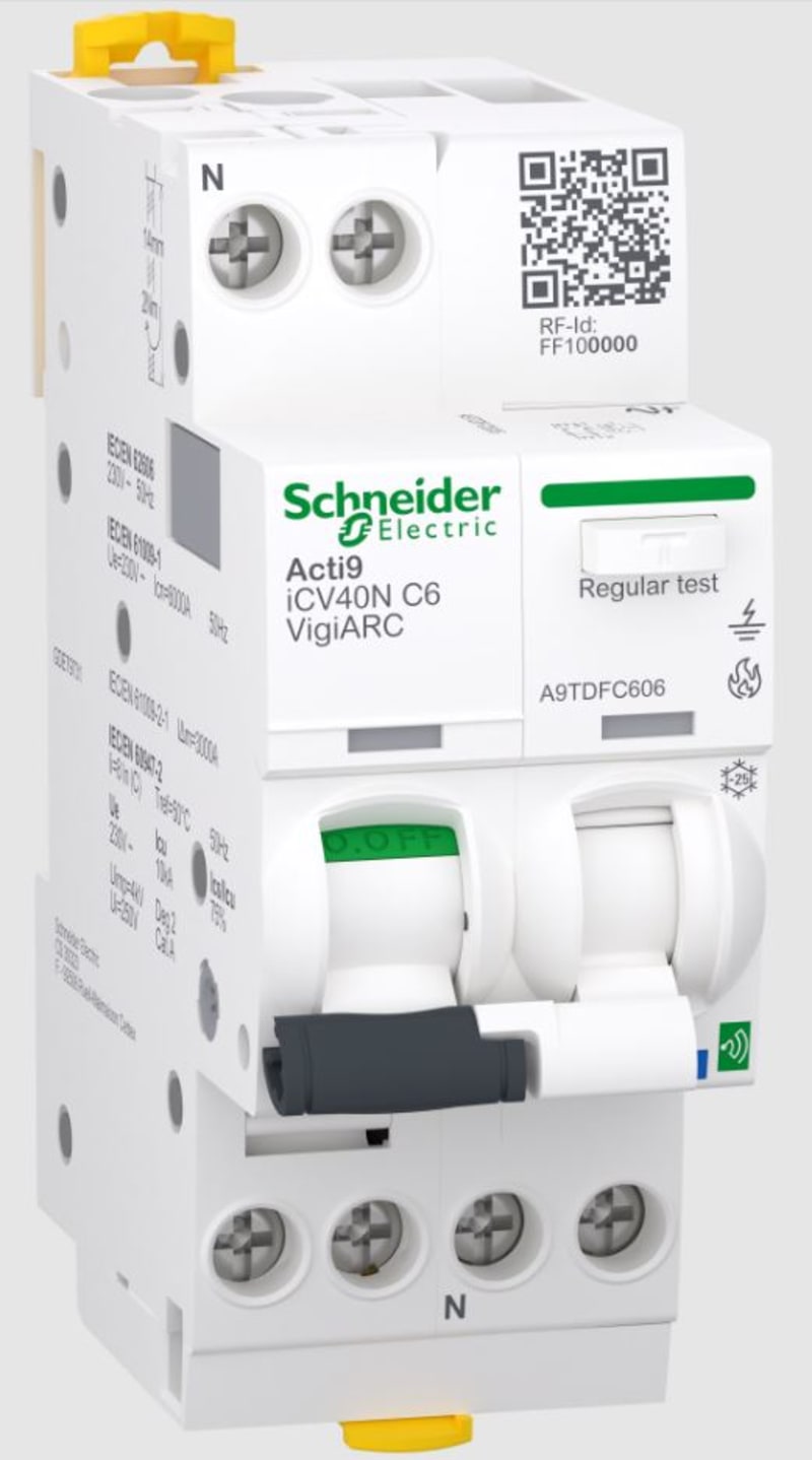 Schneider Electric Active arc fault detection RCBO, ACTI9 Active ICV40N ARC, 1P+N, 6A, C curve, 30MA, type A-SI, 6000A A9TDFC606