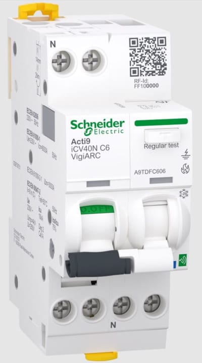 Schneider Electric Active arc fault detection RCBO, ACTI9 Active ICV40N ARC, 1P+N, 6A, C curve, 30MA, type A-SI, 6000A A9TDFC606